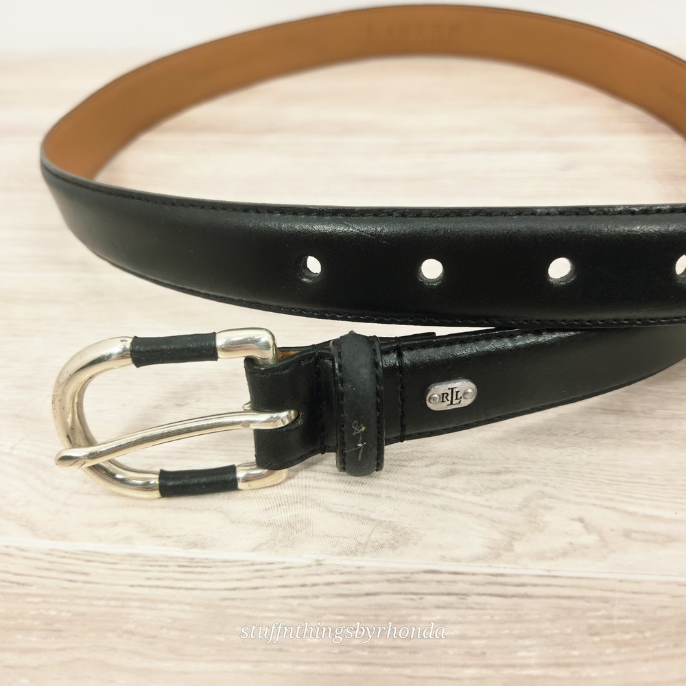 Lauren Ralph Lauren Logo Dress Belt Womens Size Med 29-33 Black Leather Brass